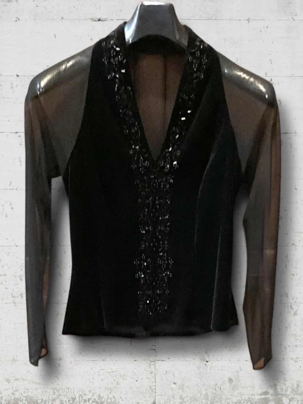 Dress Barn Black Embellished Velvet & Sheer Arms Top Sz 10 (check measurements)